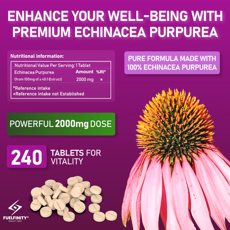 Premium UK Echinacea Whole Plant Extract Tablets 240 Tablets of Maximum Strength 4000mg | Double Extraction for Advanced Immune Support, Non-GMO, Vegan and Made in the UK