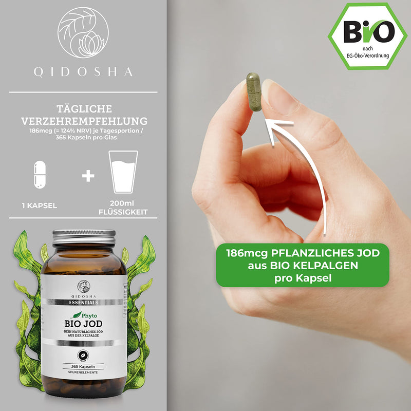 [Australia] - QIDOSHA® Iodine from organic kelp, 365 capsules in a pharmacist jar, vegetable iodine from organic kelp algae, vegan, each batch laboratory tested, German production 