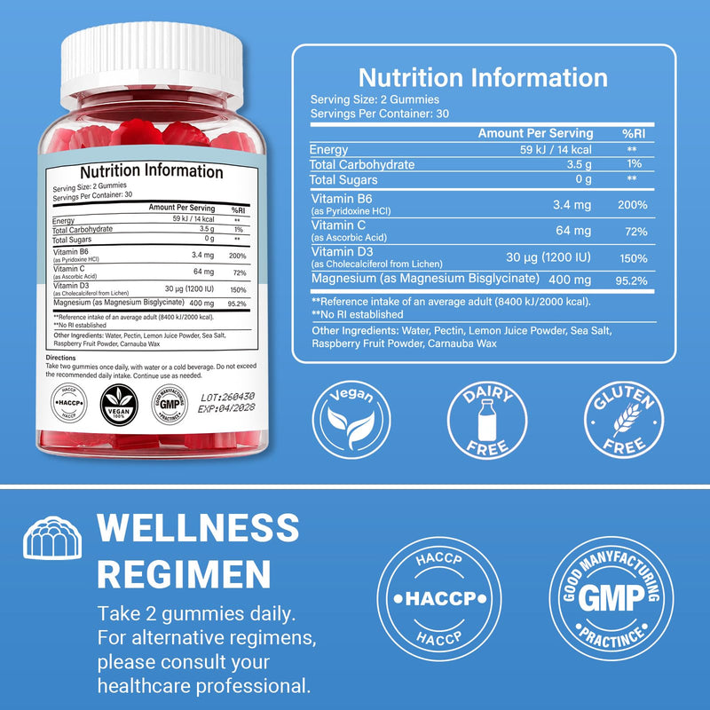 Magnesium Bisglycinate Gummies 400mg, Chelated Magnesium Bisglycinate for Adult - Vitamin C, D3 & B6, for Sleep, Calm & Relaxation, Muscle & Energy - Raspberry Flavor, 60 Vegan Gummies