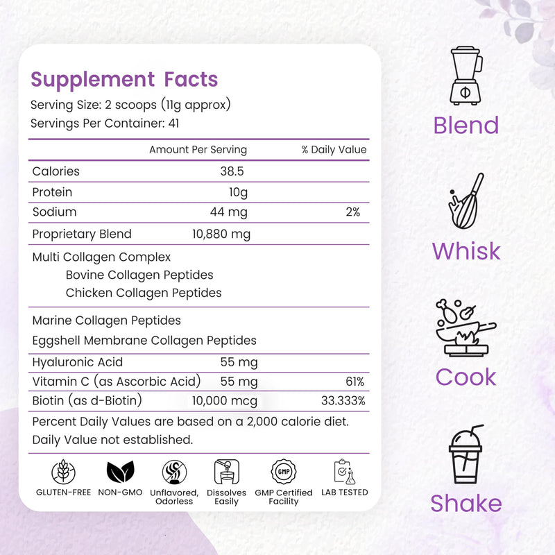 Peakhealth Multi Collagen Peptides Powder 1lb, Biotin, Hyaluronic Acid, Unflavored 1 Pound (Pack of 1)