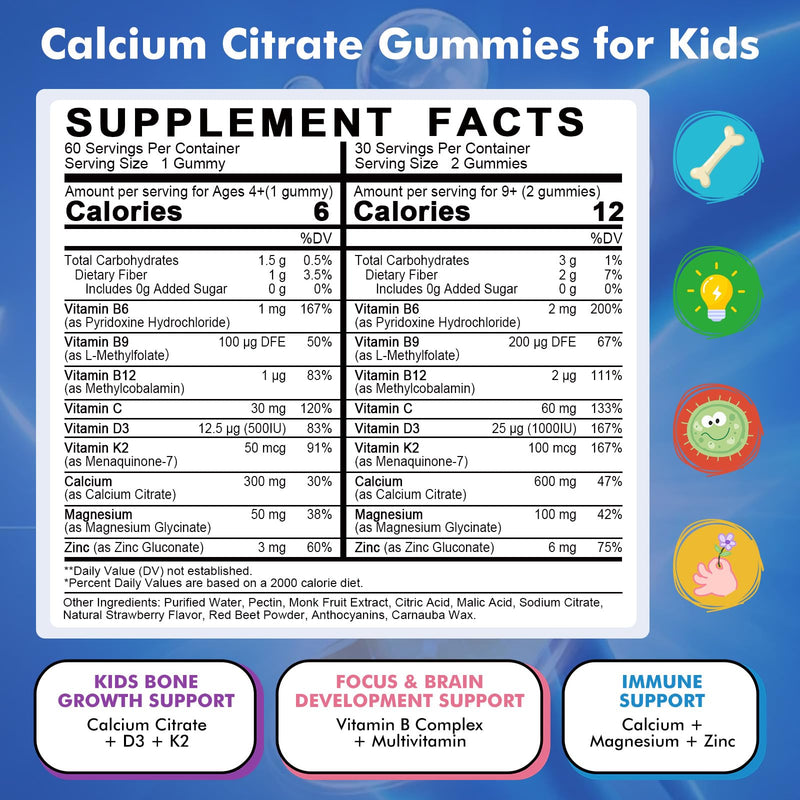 Kids Calcium Citrate Gummies with Vitamin D3 Supplement, Calcium Citrate 300/600 mg with Magnesium Zinc & Multivitamin for Kids 4+ & Teens, Support Bone Muscle & Digestive Health, Sugar Free, 60ct 60 Count (Pack of 1)