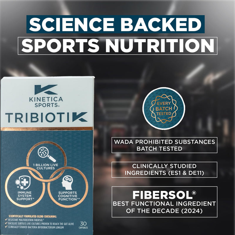 Kinetica Sports Tribiotik Probiotic - 30 Capsules | 1 Billion Live Cultures | Bacillus Subtilis DE111® & Fibersol®| Vitamin B6 & Zinc |Gut & Digestion Support | WADA Prohibited Substances Batch Tested