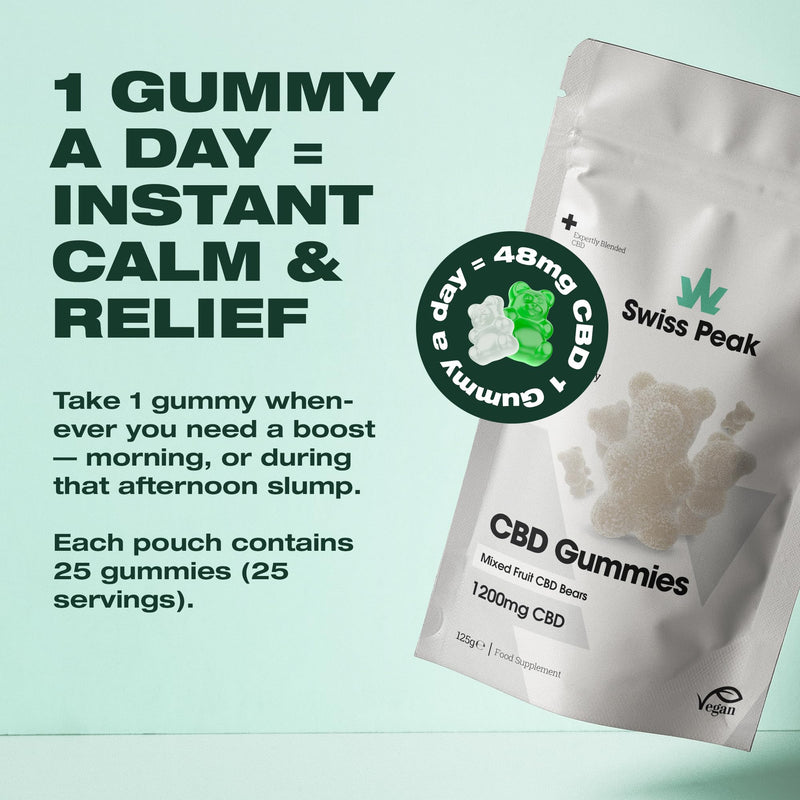 Swiss Peak 1200mg CBD Gummies, Delicious Edible Bears, UK-Made, Vegan, THC-Free, Premium CBD for Relaxation & Wellness, On-the-Go Grab Bag – 25 Gummies Per Pack
