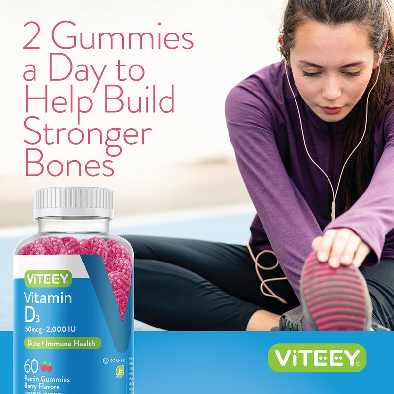 Viteey Vitamin D3 Gummies for Adults & Teens - 2,000 IU, 50mcg | Regular Strength - Joint & Muscle Health, Immune Boost - Chewable Vitamin D Gummies - Vegetarian, Gelatin Free - 120 Count 60 Count (Pack of 2)