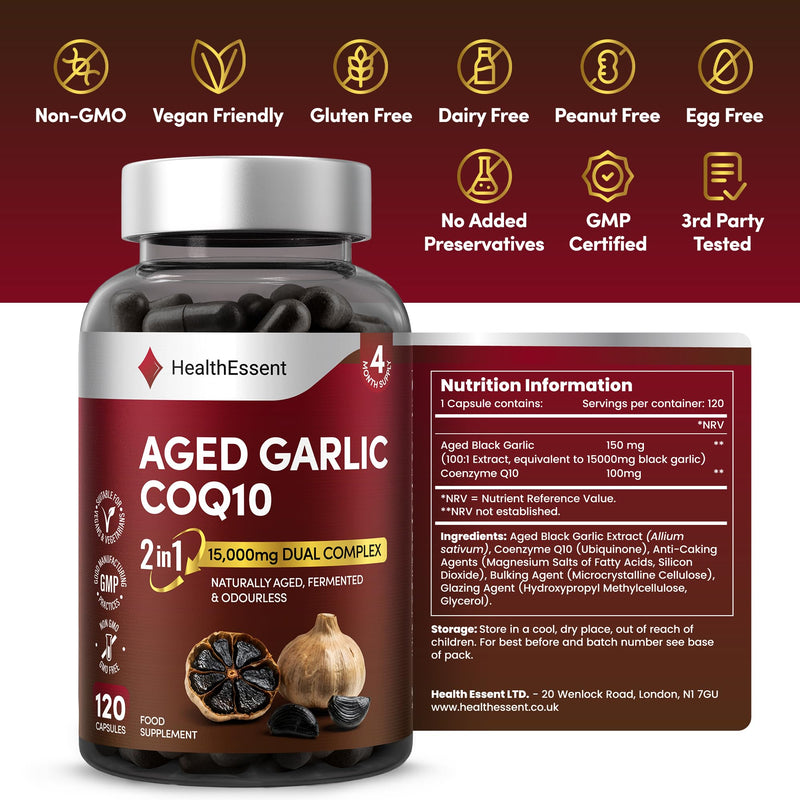 HealthEssent Aged Black Garlic 15,000mg Blood Pressure Support with CoQ10 | 120 Capsules, 4 Month Supply | Odourless Fermented Aged Garlic Extract | 100:1 Dual Complex | Vegan, Non-GMO, GMP Quality