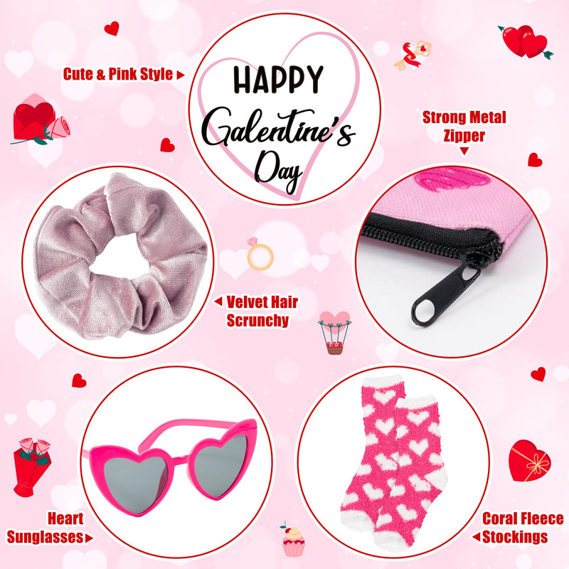 Y1tvei Valentine's Day Galentine's Day Pink Red Gift Canvas Cosmetic Pouch Headband Set Include Makeup Bags Heart Sunglasses Stockings Hair Ties Bracelets Greeting Cards Party Accessory Gift for Lover