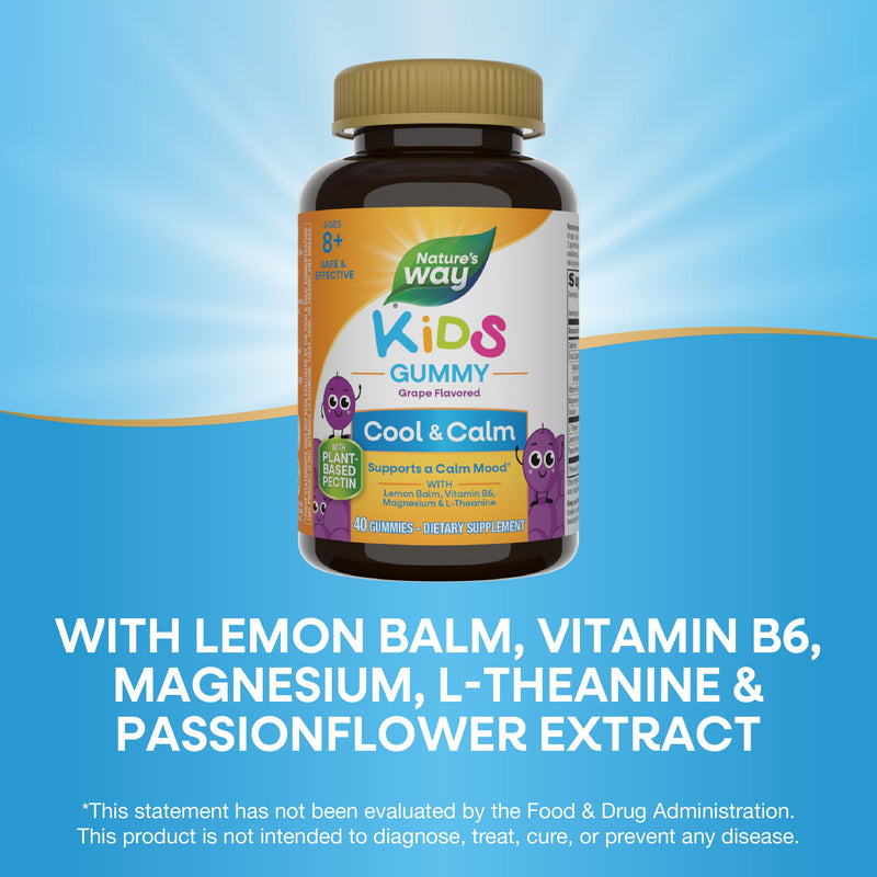 Nature's Way Kids Cool & Calm Gummies, Supports a Calm Mood*, 40 ct | For Kids Ages 8+, Lemon Balm, Magnesium, Vitamin B6, L-Theanine, Grape Flavored, Vegetarian, Dairy-Free, Gluten-Free 40 Count (Pack of 1)