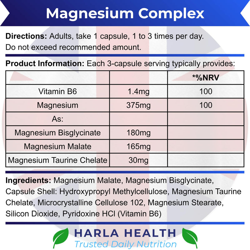 Magnesium Complex – Bisglycinate, Malate & Taurate with Vitamin B6 – 120 Vegan Capsules – High Absorption Magnesium Supplement for Energy, Muscle Function & Sleep Support