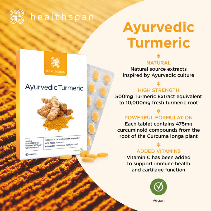 Healthspan Ayurvedic Turmeric | 60 Tablets | 95% high curcuminoid Content | Added Vitamin C | Supports Joint and Immune Health | Vegan Friendly