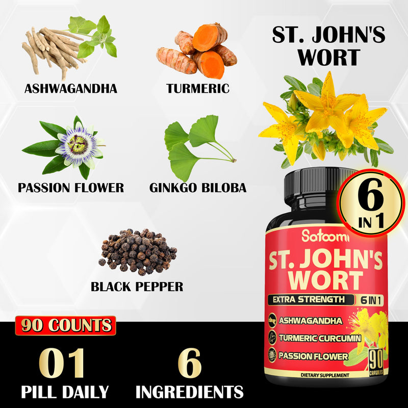 [Australia] - Satoomi St. John's Wort Capsules Extract Supplement 5050mg - 90 Veggie Caps 3-Month Supply - Ashwagandha Root, Turmeric Curcumin Root, Passion Flower & more 