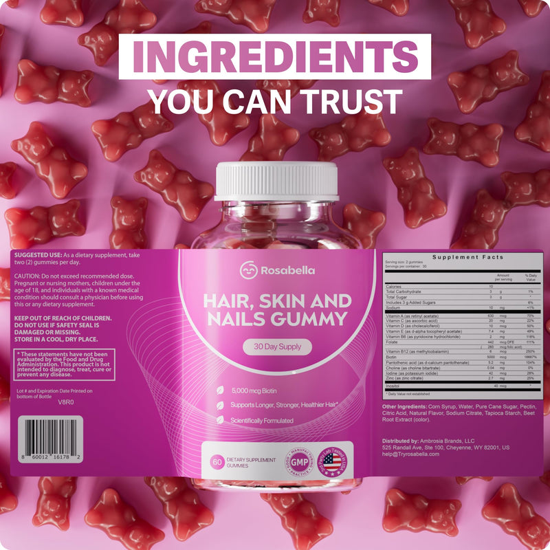 Rosabella Hair Growth Gummies for Women & Men – Vegan Hair Gummies with 5000mcg Biotin – Hair Vitamins for Strong, Healthy-Looking Hair – Gummy Biotin Supplement – 60 Count 60 Count (Pack of 1)