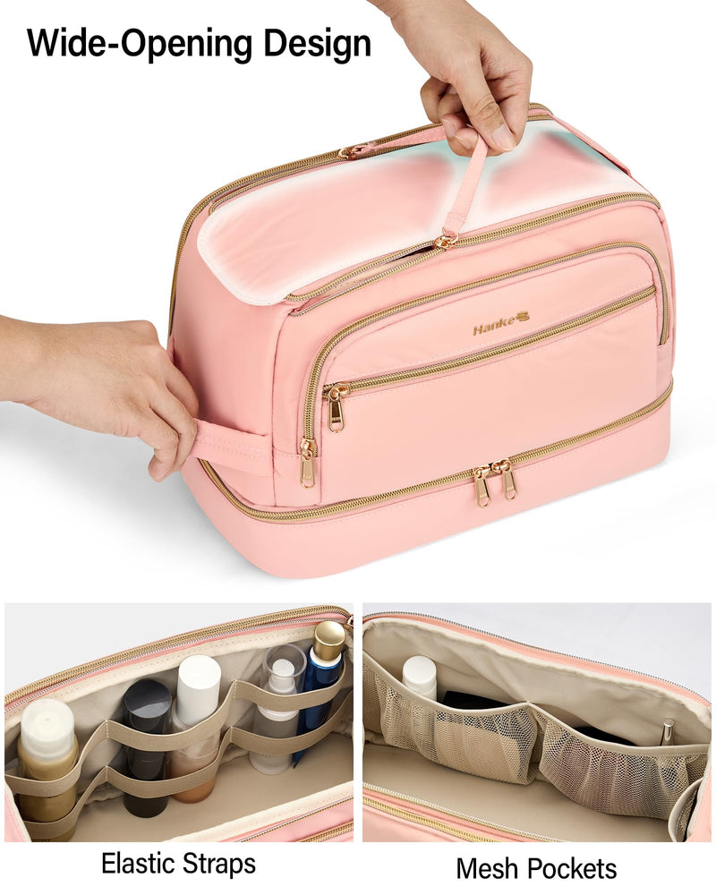 Hanke Travel Toiletry Bag, Lightweight Wide-open Makeup Bag, Dual-Layer Travel Bag for Toiletries Water-Resistant Cosmetic Bags Large Toiletry Bags for Women & Men, Travel Essentials, Pink
