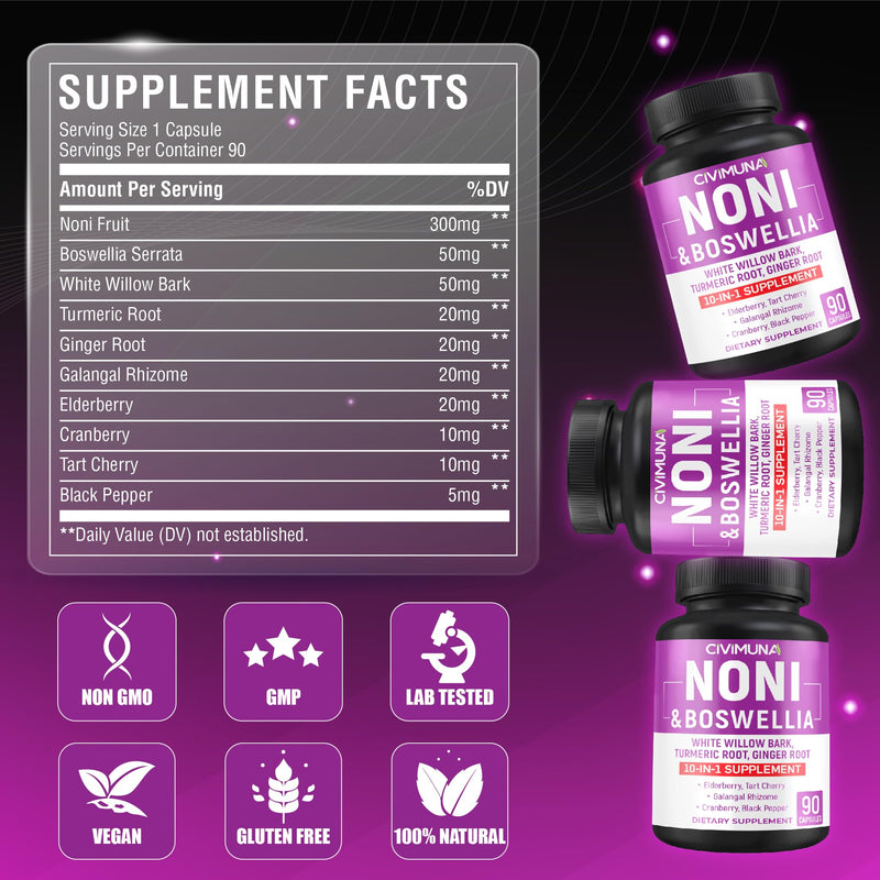 [Australia] - Noni Capsules with Boswellia, White Willow Bark, Turmeric, Ginger Root and More - 90 Capsules for 3 Months Supply 
