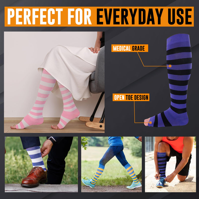 Doc Miller Compression Socks for Pregnant Women – Wide Calf, Open Toe Knee Sleeve 15-20 mmHG,Toeless Pregnancy Stockings for Varicose Veins, Footless Shin Splint Relief, 1 Pair X-Large Purple-Black