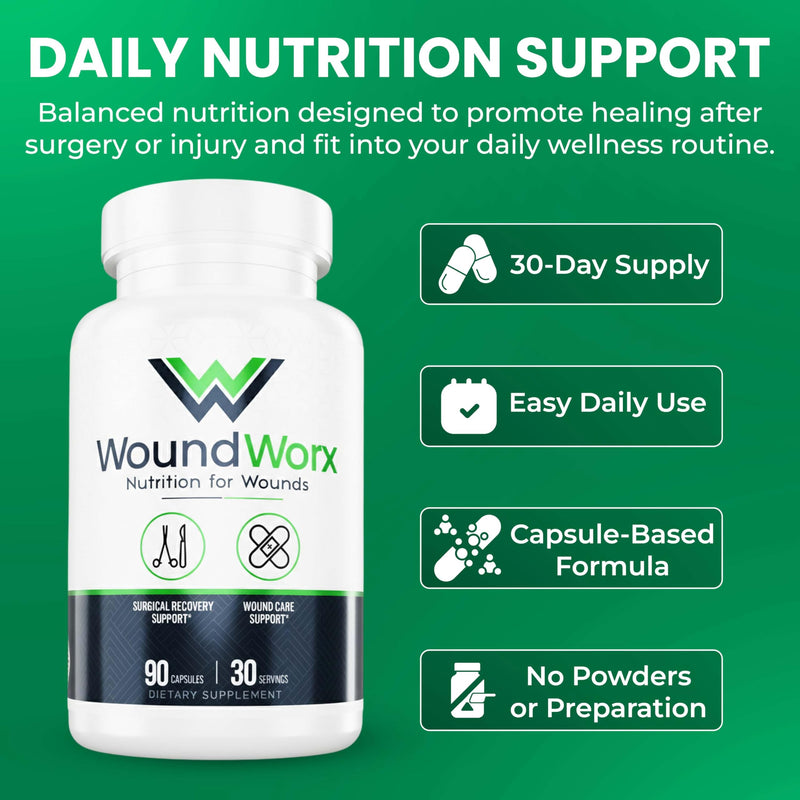Free Life Labs WoundWorx Nutrition-Scar and Surgery Support, Wound Care, General and Plastic Surgery, Healing Support, Amino Acids, Collagen, Probiotics, Turmeric, Bromelain-90 caps