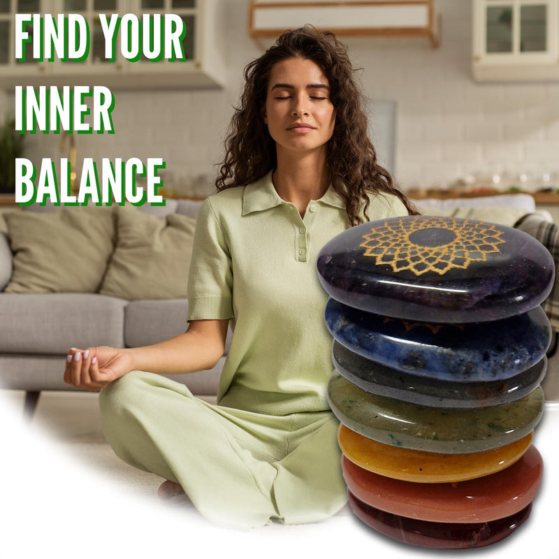 [Australia] - Zenith Gaia Premium Chakra Stones Set with Bracelet - Handmade 7 gemstones with engraving - 100% natural stones in an elegant wooden box - Chakra healing stones set for spiritual balance and energy work 