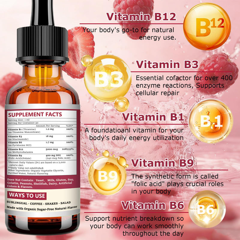 Liquid Vitamin B12 Drops 5000 mcg - Extra Strength B12 Methylcobalamin with B1 B6 B3 Folate Niacin - Fast Absorption Sublingual B-12 Drops for Energy Metabolism & Brain Function, Vegan B Complex Raspberry 1 Fl Oz (Pack of 1)