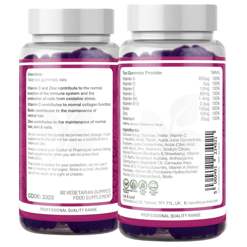 Lily & Loaf Skin, Hair & Nail Gummies – 60 Vegetarian Gummies | 30-Day Supply | with Biotin & Vitamin E for Hair Growth, Skin Radiance & Nail Strength | Beauty Supplement for Women & Men
