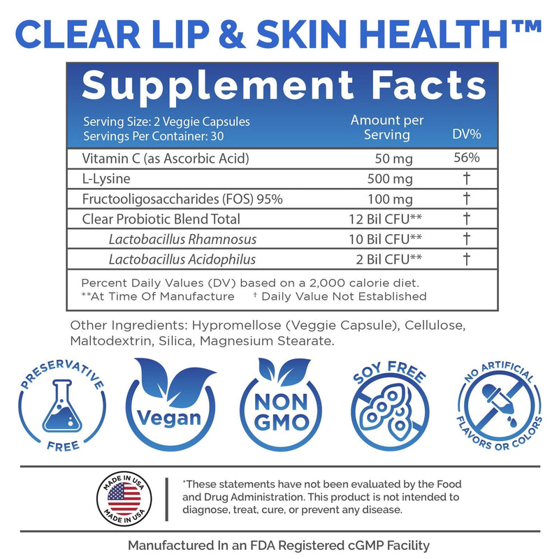 [Australia] - Cold Sore Treatment for Lips - Lysine Supercharged with Acidophilus Probiotic & Lactobacillus Rhamnosus + Vitamin C for Lip and Skin Health - Immune Support for Effective Prevention and Clear Skin 60 Count (Pack of 1) 