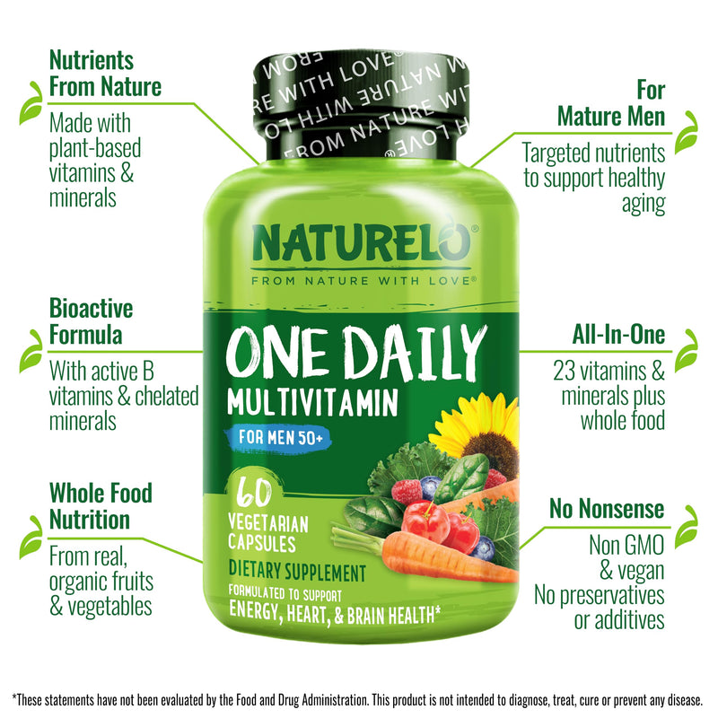 NATURELO One Daily Multivitamin for Men 50+, 60 Capsules and One Daily Multivitamin for Women 50+ (Iron Free), 60 Capsules Bundle - 2 Month Supply