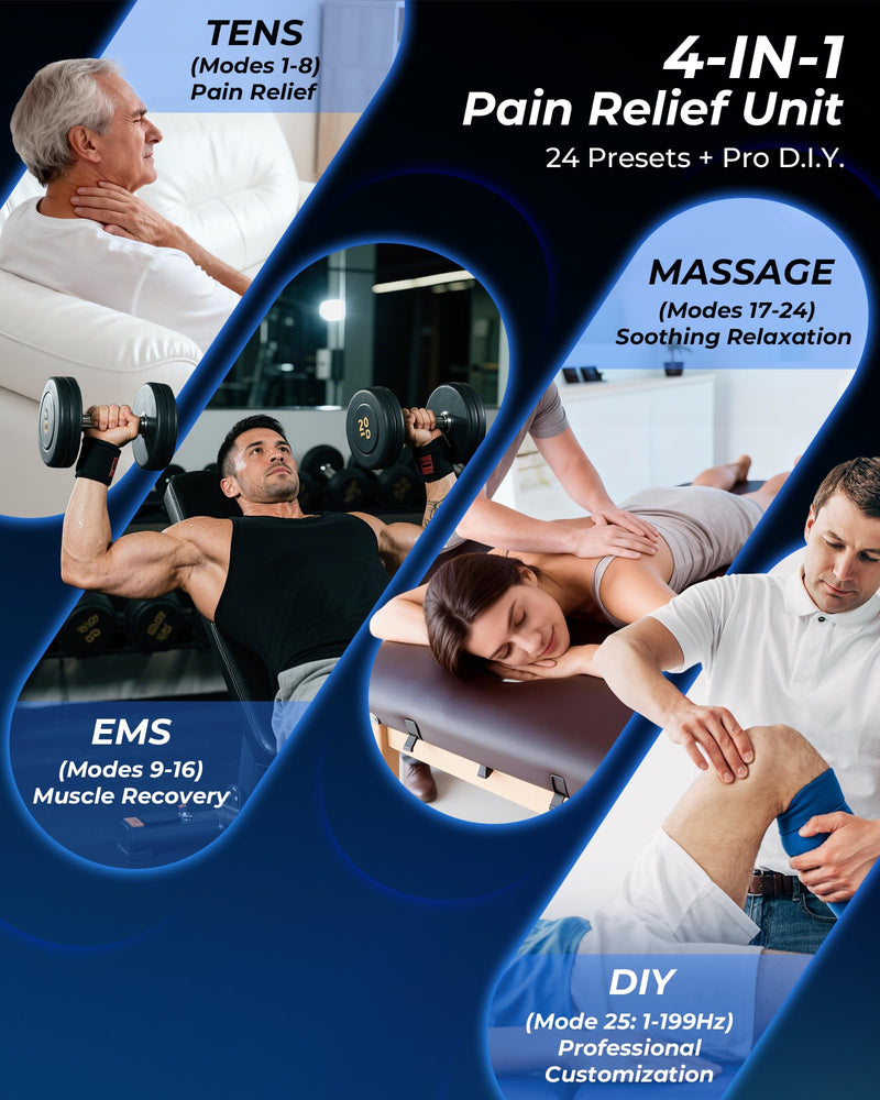 TENS Unit Muscle Stimulator, Rate DIY 1-199Hz, Model B2501 | A/B Channel TENS Machine, 40 Intensities for Back Sciatica Pain Relief, Storage Case, 12 Pads, Home Travel Gift for Dad Mom Grey