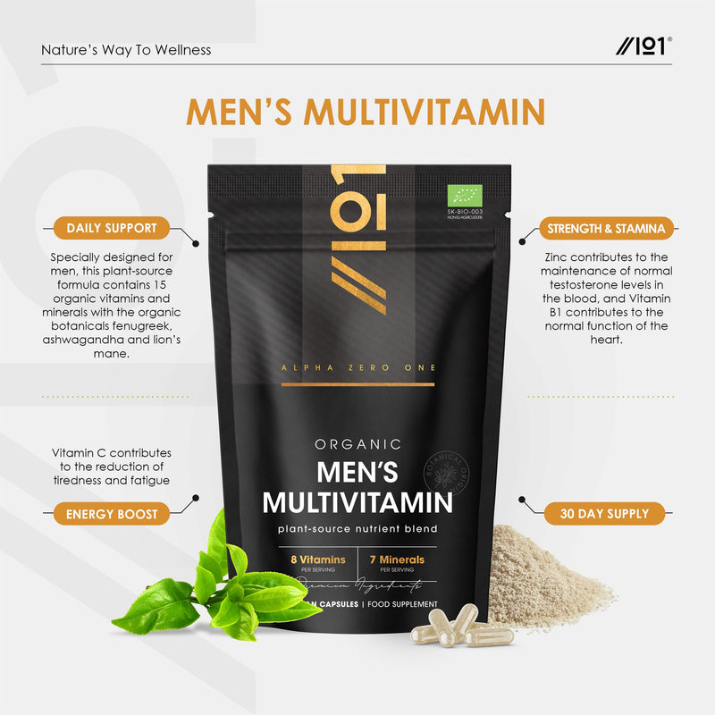 Organic Men's Multivitamins and Minerals - 100% Plant Based - 15 Organic Vitamins & Minerals – 60 Vegan Capsules – Resealable and Recyclable Pouch by Alpha01