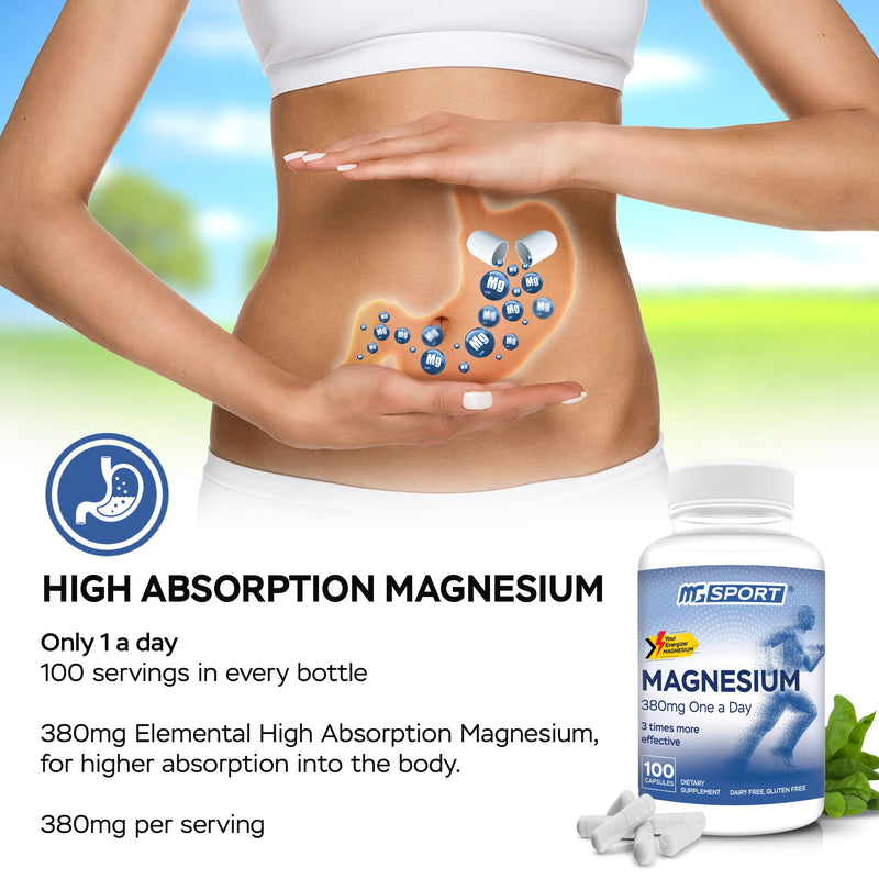 Magnesium Supplement Complex MGSPORT - High Absorption with Vitamins B6, D, E - Relieves Leg Cramps, Muscle Support & tensed Muscles 100 Servings 100 count (Pack of 1)