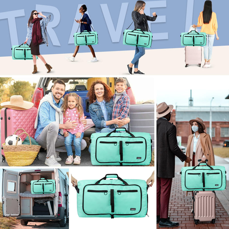 65L Duffle Bag Foldable Travel Duffel Bags for Men Women Travel Bag | Shoes Compartment, 65L Large Capacity, Foldable, Packable, Water Repellent, Tear Resistant, for Traveling Gym Overnight Camp Glossy Mint Green
