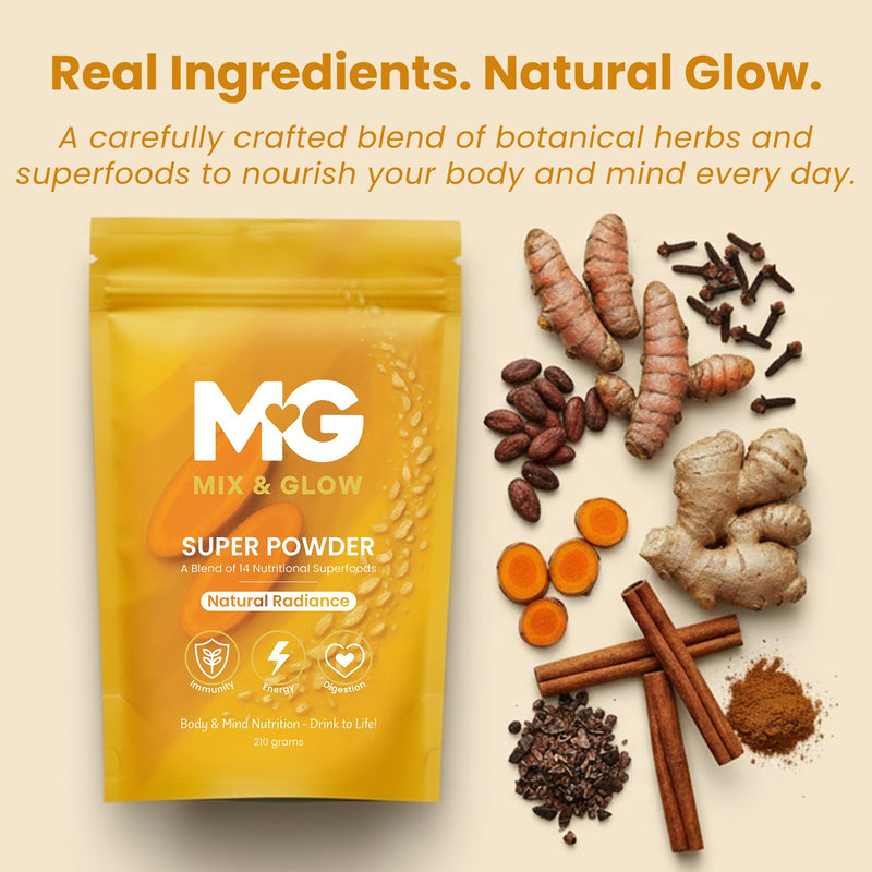 Mix & Glow Super Powder | 14 Advanced Superfoods, Prebiotic Herbs, Greens and Adaptogens Including Turmeric, MCT Oil & Cacao | Vegan & Gluten Free | 30 Servings | Natural Radiance