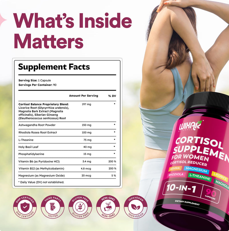 WIXAR Cortisol Supplements for Women with Ashwagandha, Magnesium, L-Theanine, Rhodiola Rosea - for High Cortisol Balanace Manager - for Sleep Support, Mood & Focus Supplement - 90 Capsules