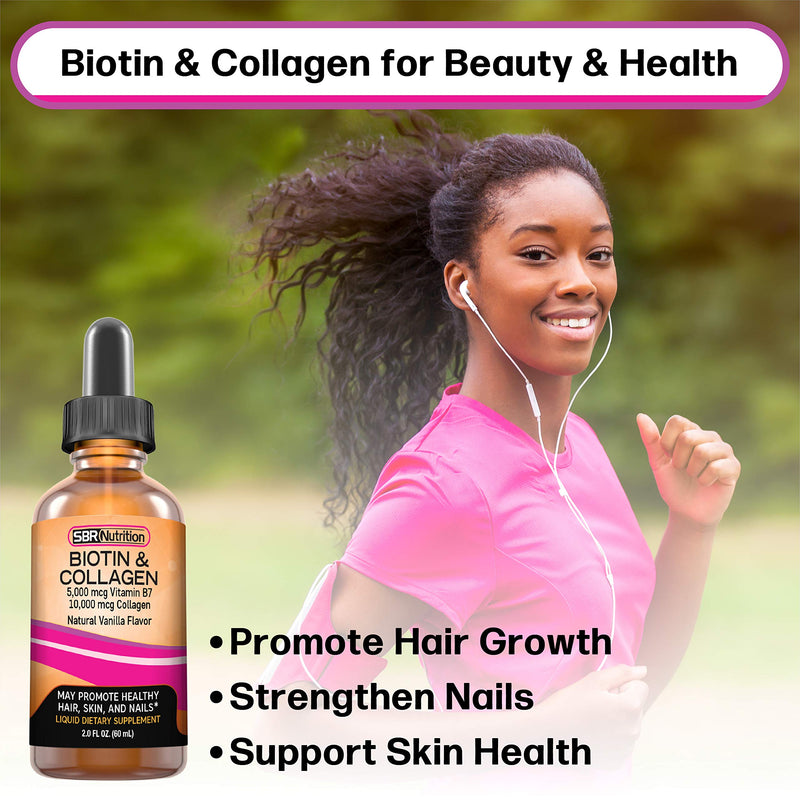 SBR Nutrition Biotin and Collagen Liquid Drops Daily Food Supplement, Vitamins for Hair Growth and Thickening, Skin Health and Nail Strength, 2 oz (60mL)