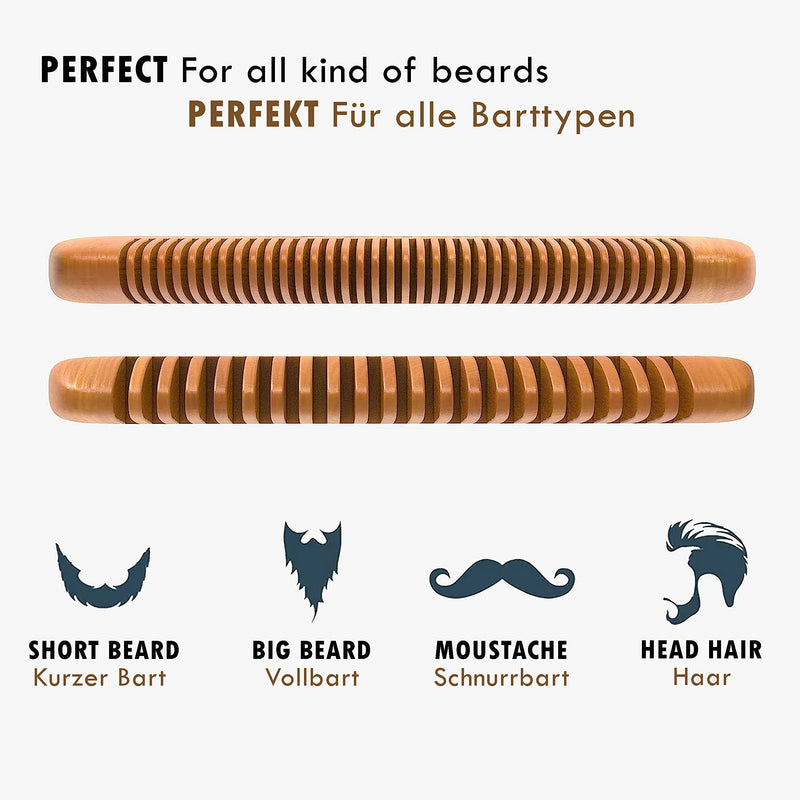 [Australia] - Longivia® Beard Comb Wood Ecological 100% Pear Wood Beard Comb Wood Beard Care for Men Wooden Comb Coarse and Fine Prongs Set - High Quality Beard Comb 