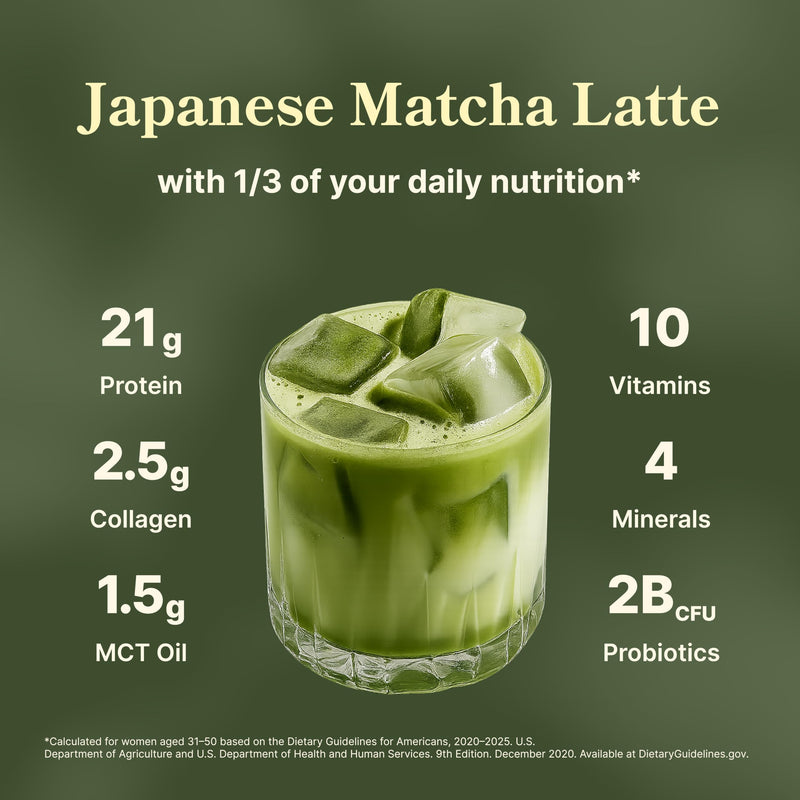 Japanese Matcha Latte Protein Powder | All-in-One Beauty Shake | Collagen, Probiotics & MCT Oil | Supports Hair, Skin & Nails | 10 Vitamins & 4 Minerals | Meal Replacement | 20 Servings | Allie Beauty Protein Japanese Matcha Latte