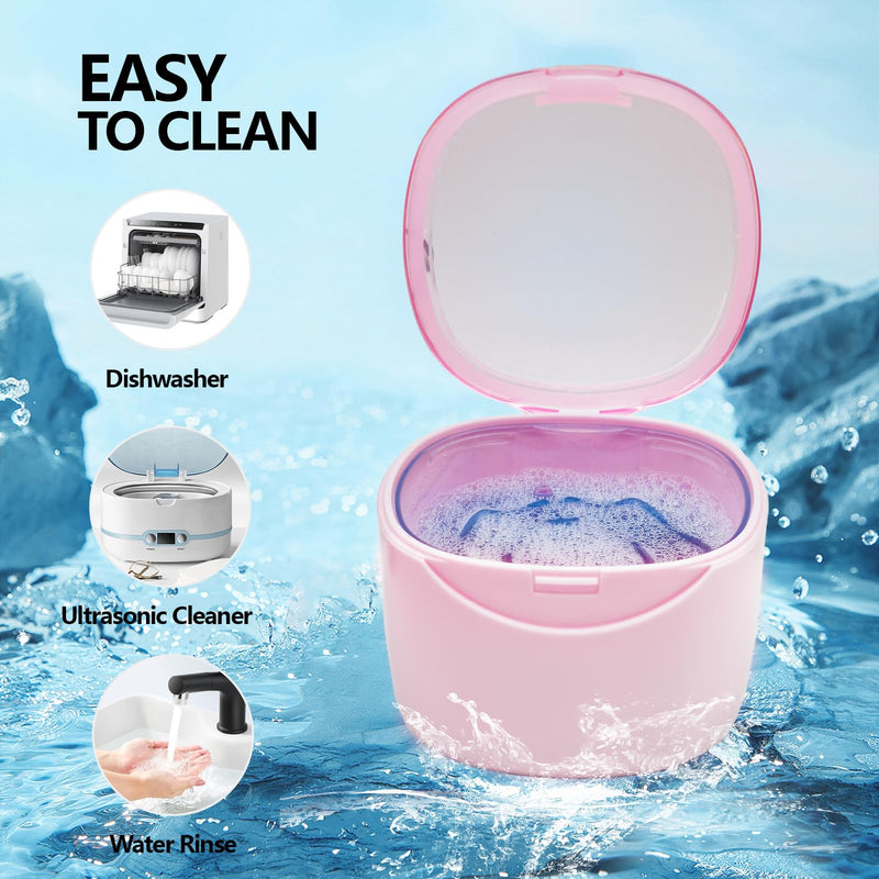 [Australia] - Partial Denture Case Leak Proof with Strainer Basket and Brush, Waterproof Denture Cup Retainer Cleaning Bath Case Travel for Dentures, Braces, Night Guard - Pink 