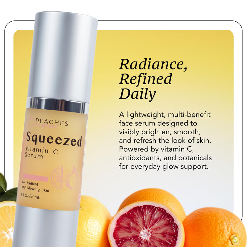 Peaches Skin Care Vitamin C Serum with Kakadu Plum and CoQ10, 1 fl oz | Lightweight hydrating serum with vitamin C, Kakadu plum, gold and CoQ10 for a smooth, radiant-looking complexion.