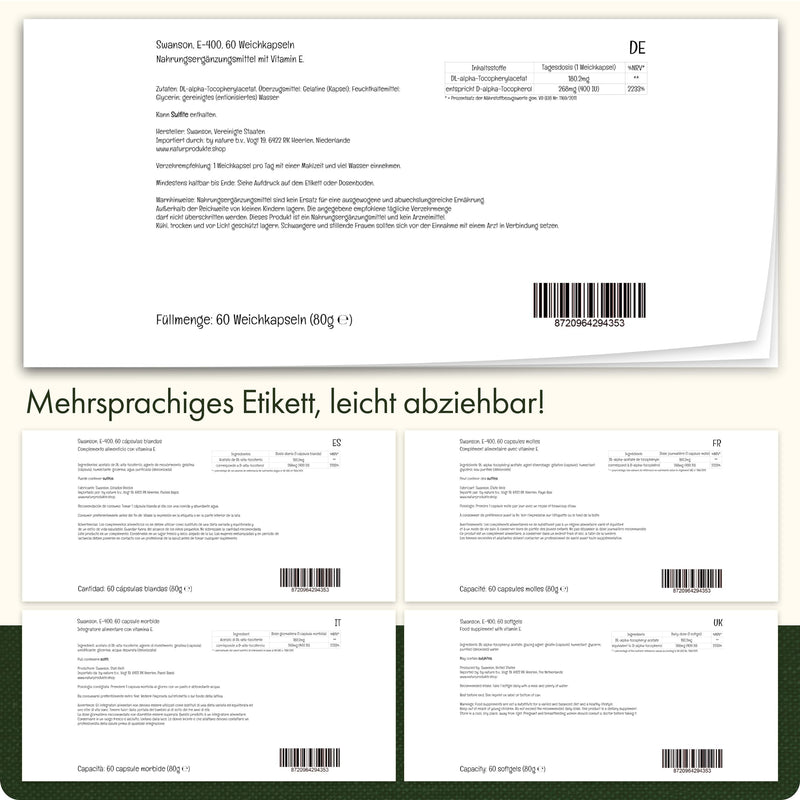 [Australia] - Swanson E-400, high-dose vitamin E, 400 IU, 60 soft capsules, laboratory tested, soy-free, gluten-free, non-GMO 