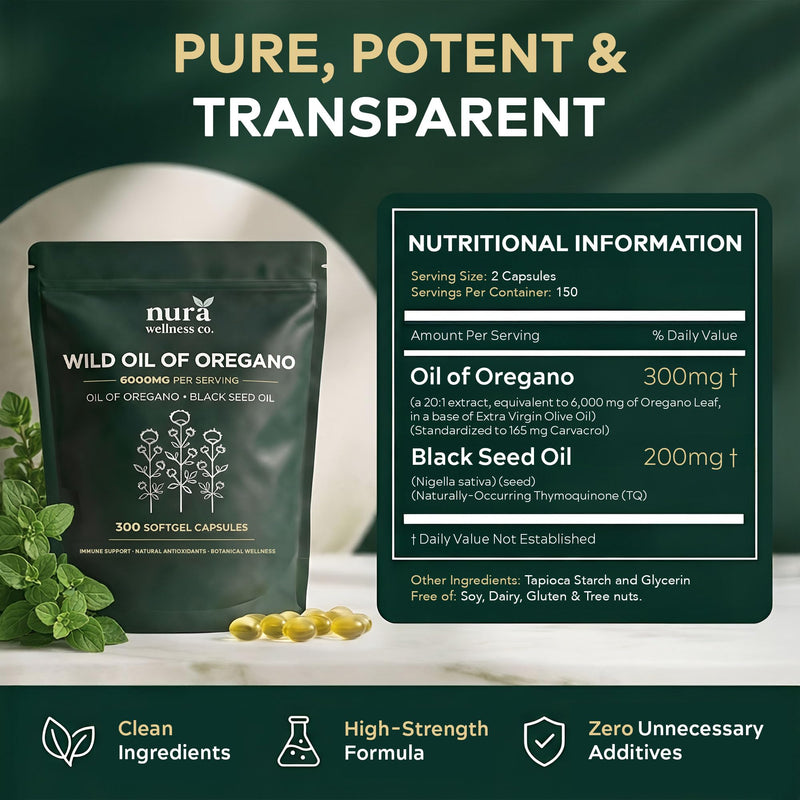 Wild Oregano Oil 6000mg with Black Seed Oil Capsules Herbies - 300 Vegan Softgels (150 Day Supply) - Potent Immune Support & Gut Health Supplement