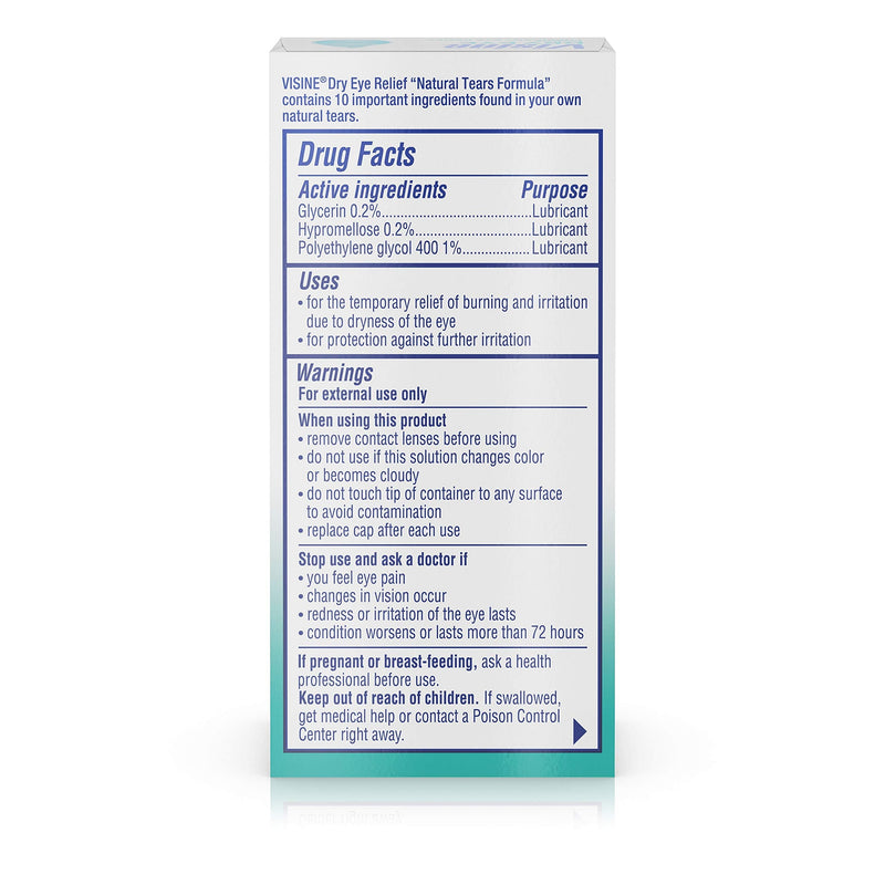 Visine Dry Eye Relief Lubricant Eye Drops with Polyethylene Glycol 400 to Moisturize and Soothe Irritated, Gritty and Dry Eyes, Designed to Work Like Real Tears, 0.5 fl. oz 0.5 Fl Oz (Pack of 1)