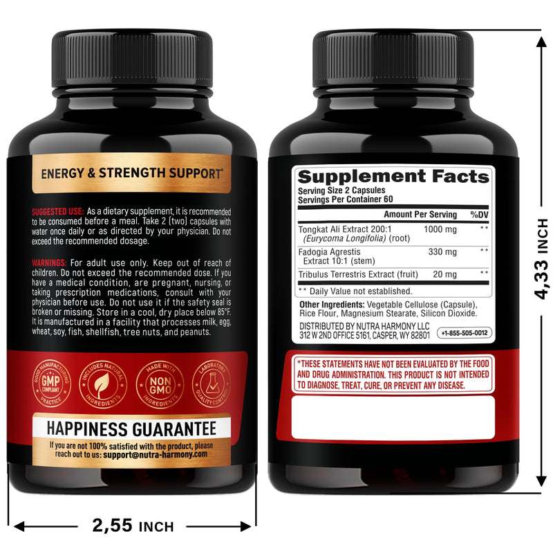 [Australia] - Tongkat Ali Men 1350mg Complex - Fadogia Agrestis | Tribulus Terrestris - Energy, Strength & Performance Support - Extra Strength 200:1 Extract - 3rd Party Tested, Made in USA - 120 Capsules / 2 Month 