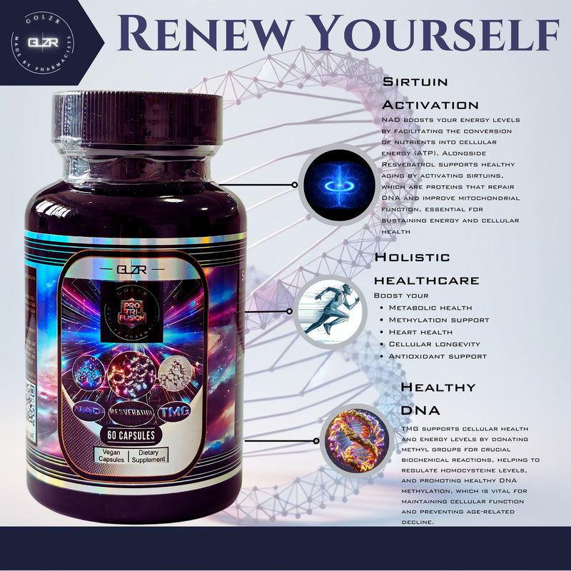 Tri-Fusion | NAD+ Trans-resveratrol and TMG Supplement | 2000mg | 60 Vegan Capsules | Anti Aging Formula for Cellular Repair, Promote Longevity & Vitality