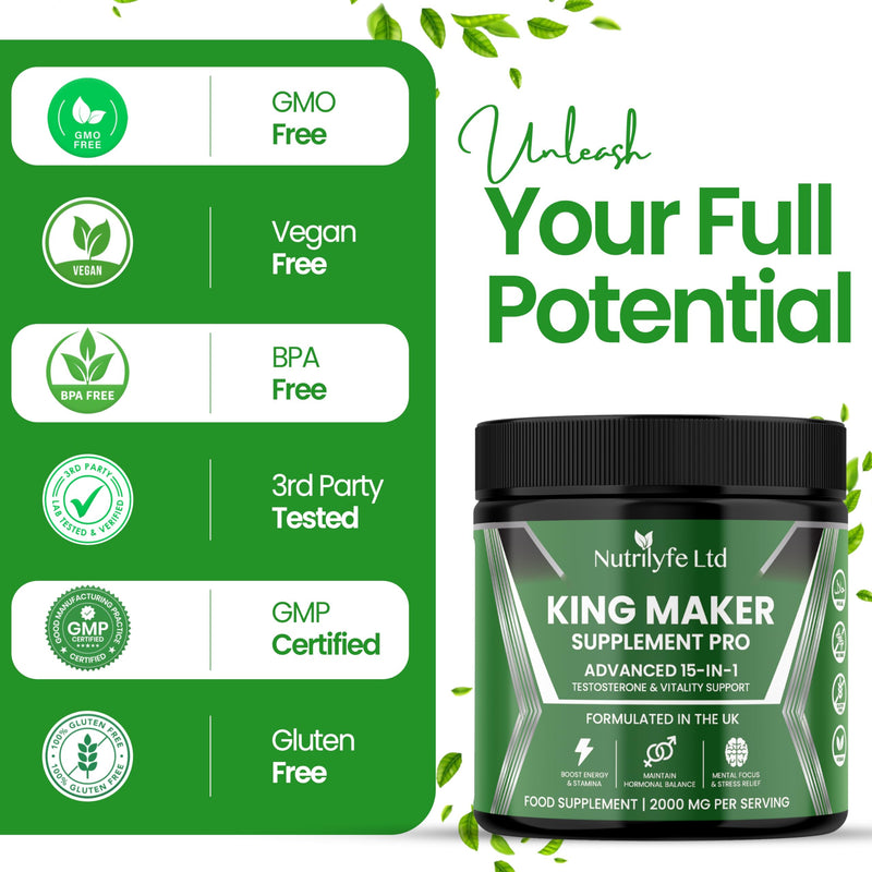 King Maker Supplement Pro - Premium 15-in-1 Testosterone & Vitality Booster for Men | Energy, Muscle, and Stamina Support | Tribulus Terrestris, Ashwagandha, Rhodiola | Vegan & GMP Certified