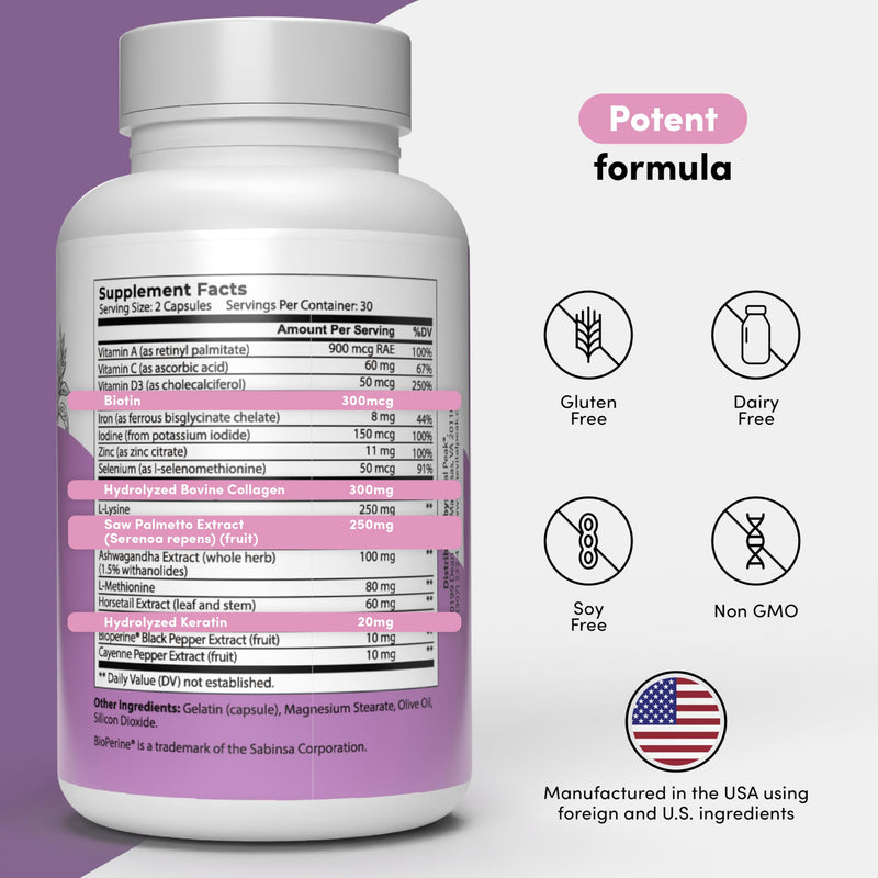 Vital Peak® Hair Peak | Hair Growth Supplement | Hair Vitamins | Support Healthy Hair, Biotin, Collagen, Saw Palmetto Extract, Keratin, Iron, Iodide, Zinc. 30 Days Supply. 60 Capsules