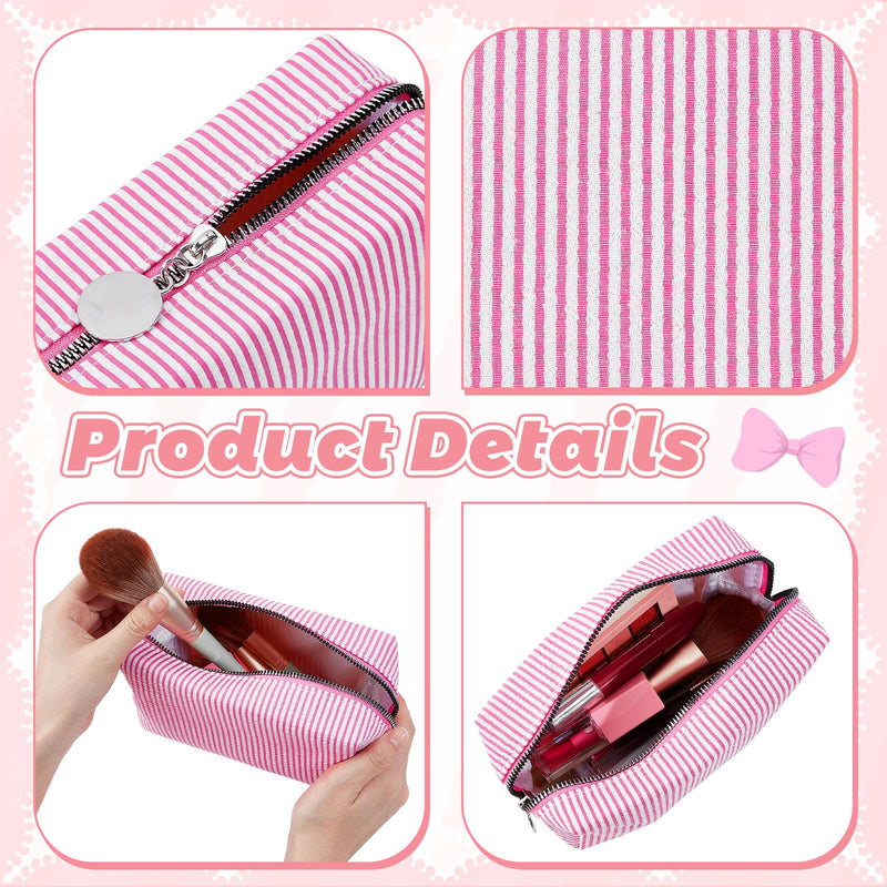 12Pcs Seersucker Makeup Bag Bulk Striped, Seersucker Cosmetic Bags Women, Large Travel Toiletry Bag Makeup Organizer Purse, Preppy Cosmetic Pouch for Wedding Bridesmaid Mom Gift (Pink) Pink 12