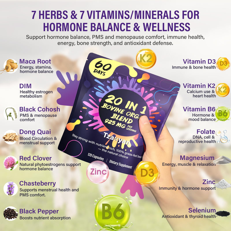 [Australia] - 20-In-1 Beef Organ Supplement for Women, 925MG Grass Fed Beef Liver, Uterus, Ovary & 3 more with Maca, DIM, Black Cohosh, Vitamin & Mineral, Bovine organ Capsules for Hormone Balance, Energy, 60 Days 120 Count (Pack of 1) 