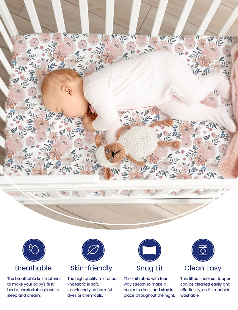 [Australia] - TotAha Premium Stretchy Crib Sheets (2-Pack)-Hypoallergenic, Silky Comfort, Buttery Soft, Calming Effect, All-Season Jersey-Knit Sheets, 9'' Extra Deep Pocket(Meredith Allover Floral & Pale Pink) Meredith Allover Floral & Pale Pink Flowers 