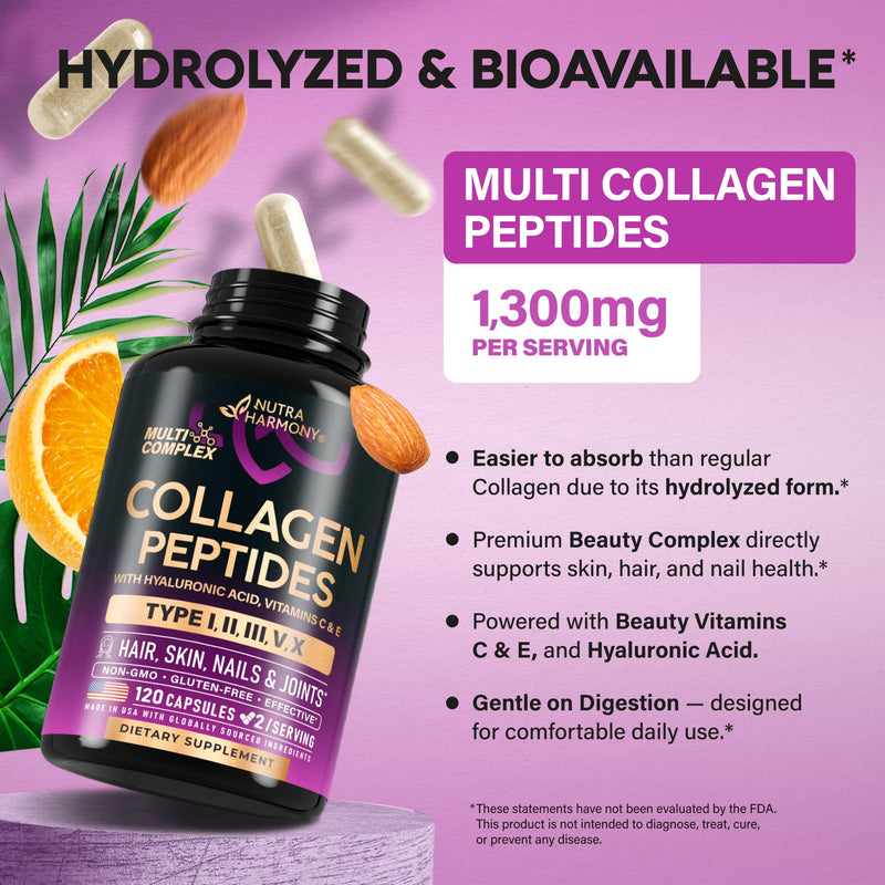 Multi Collagen Peptides 1300mg - Hydrolyzed Types I II III V & X - 120 Caps | Collagen Supplements for Women + Hyaluronic Acid, Vitamin C & E - Skin Hair Nails & Joint Support - Lab Tested, 60-Day Supply 120 Count (Pack of 1)