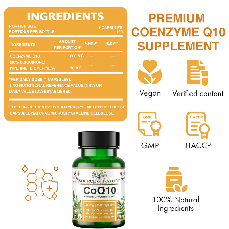 Source of Nature® Coenzyme Q10 200mg - 120 Vegan Capsules (4-Month Supply) | Naturally Fermented Bioidentical Ubiquinone | High Strength & 99% Pure | with BioPerine® Black Pepper Extract