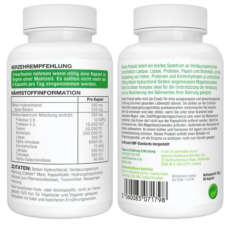[Australia] - Digestive enzyme complex with betaine HCl & bromelain, 10 vegan enzymes with papain & lipase, comprehensive digestive aid, hypoallergenic, 90 capsules, from Igennus 