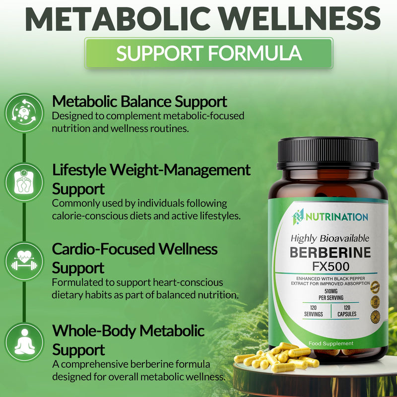 Berberine high Strength Supplement-510Mg Per Capsule- 4 Months Supply -120 Vegan Capsules 98% Pure Berberine HCL with Black Pepper Extract for Improved Absorption- Non-GMO-lab-Tested