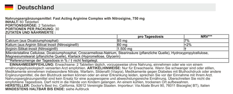DoctorsBEST Doctor's Best - Fast Acting Arginine Complex with Nitrosigine | Support for Blood Flow and Performance - 60 Tablets
